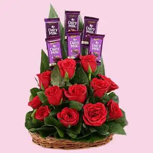 Roses in a Basket with Chocolate