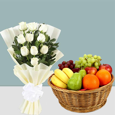 White Roses With Fruit Basket