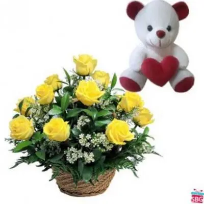 Teddy With Roses Basket