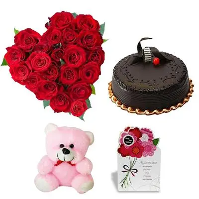 Heart Roses, Cake, Teddy & Greeting Card