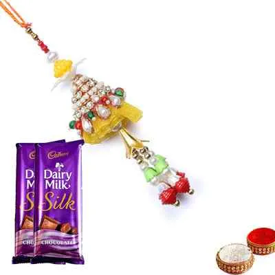 Yellow Lumba Rakhi for Bhabhi with Silk