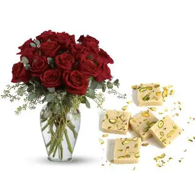 Red Roses With Mawa Burfi