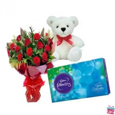 Red Roses, Teddy With Cadbury Celebration