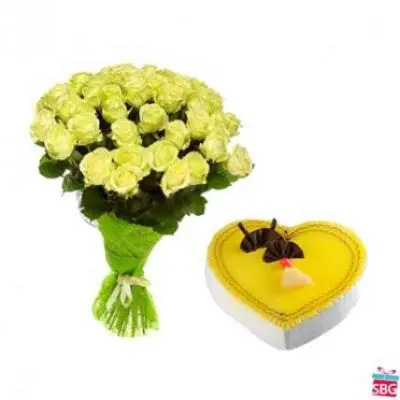 Yellow Roses With Heart Shape Pineapple Cake