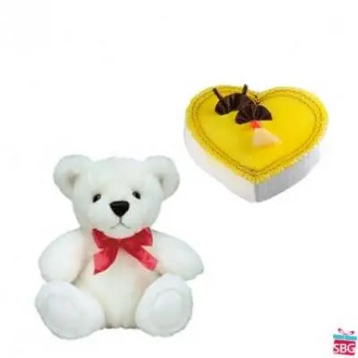 Teddy With Heart Shape Pineapple Cake