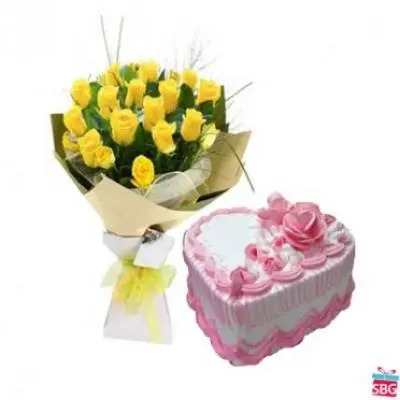 Yellow Roses With Heart Shape Strawberry Cake