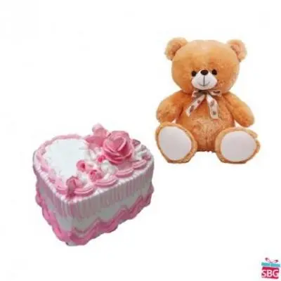 Teddy With Heart Shape Strawberry Cake