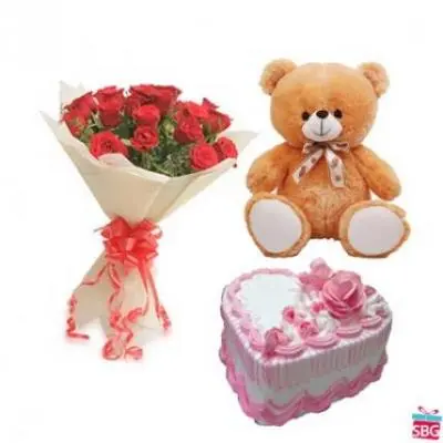 Roses, Teddy With Heart Shape Strawberry Cake