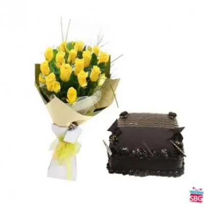 Yellow Roses With Chocolate Truffle Square Cake