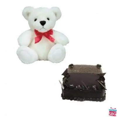 Teddy With Square Chocolate Truffle Cake