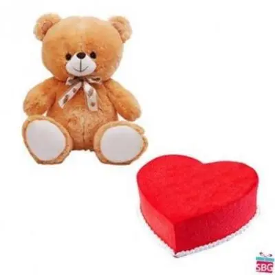 Teddy With Heart Shape Red Velvet Cake