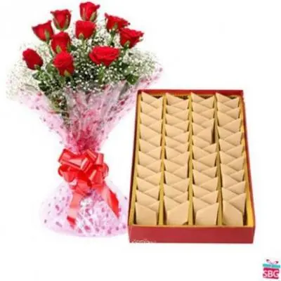 Kaju Burfi With Red Roses