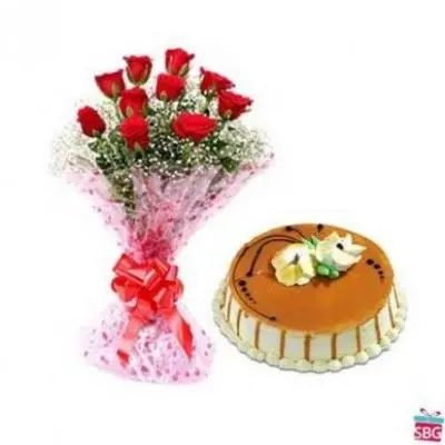 Red Roses With Butter Scotch Cake