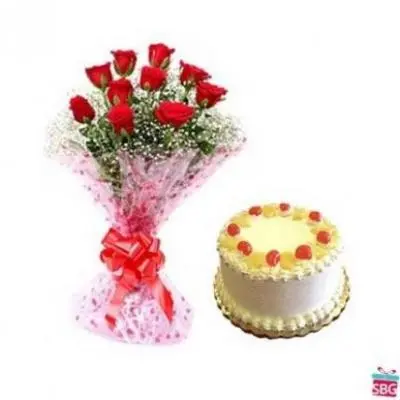 Red Roses With Pineapple Cake