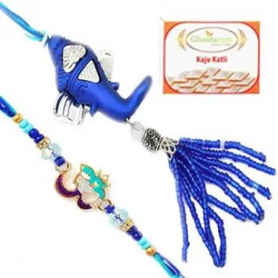  Blue Ganesha Om Bhaiya Bhabhi Rakhi with 400 gms of Kaju katli