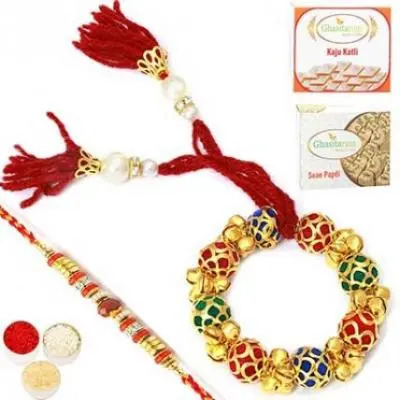 Coloured Balls Bangle Bhaiya Bhabhi Rakhi with 200 gms of Kaju katli and  200 gms of Soan Papdi