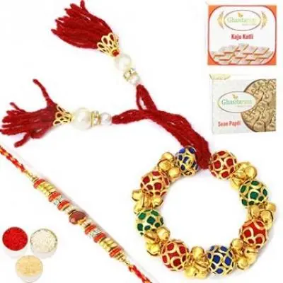 Coloured Balls Bangle Bhaiya Bhabhi Rakhi with 200 gms of Kaju katli and  200 gms of Soan Papdi