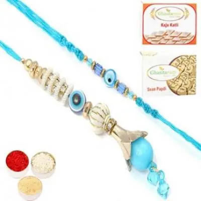 Evil Eye Protector Bhaiya Bhabhi Rakhi with 200 gms of Kaju katli and  200 gms of Soan Papdi