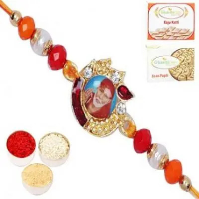 Set  of two Sai Baba Rakhi with 200 gms of Kaju katli and 200 gms of Soan Papdi