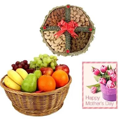 Fresh Fruits Basket & Mixed Dry Fruits with Mothers Day Card