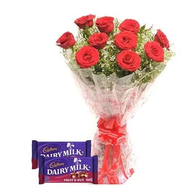 Red Roses With Cadbury Dairy  Milk Fruit Nut