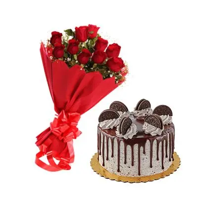 Eggless Oreo Cake with 12 Red Roses Bouquet