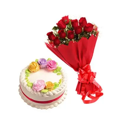 Eggless Vanilla Cake with 12 Red Roses Bouquet