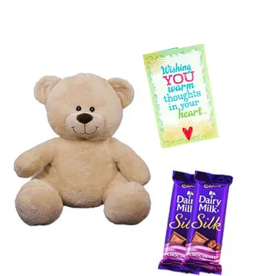 Chocolates with Teddy Bear and Greeting Card