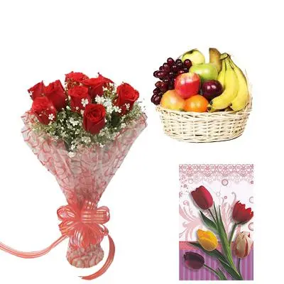 Fresh Fruits Basket with Flowers and Card