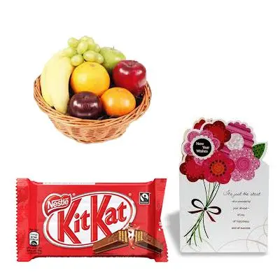 Fresh Fruits Basket with Greeting Cards and Chocolate