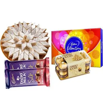 Kaju Katli with Cadbury Celebration, Ferrero Rocher & Silk