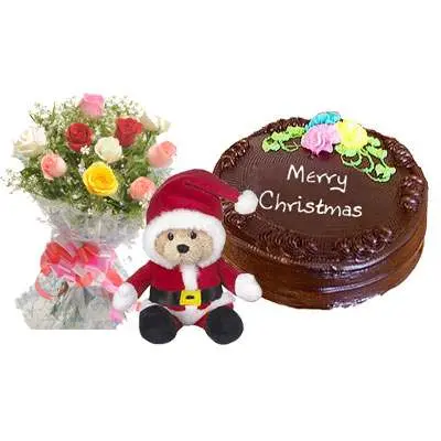 Santa Claus with Mix Rose Bouquet & Chocolate Cake
