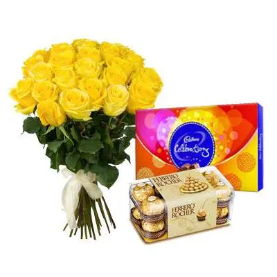 Yellow Roses Bouquet with Cadbury Celebration & Ferrero Rocher