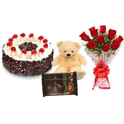 Black Forest Cake with Red Roses Bouquet, Teddy Bear & Bournville