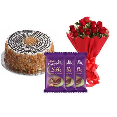 Butter Scotch Cake with Red Rose Bouquet & Dairy Milk