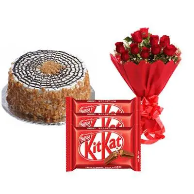 Butter Scotch Cake with Red Roses Bouquet & Kitkat