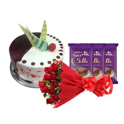 Choco Vanilla Cake with Red Roses Bouquet & Dairy Milk Silk