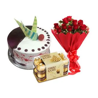 Choco Vanilla Cake with Red Roses & Ferrero Rocher