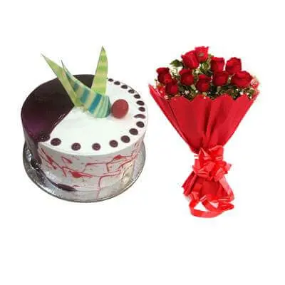Choco Vanilla Cake with Red Roses Bouquet