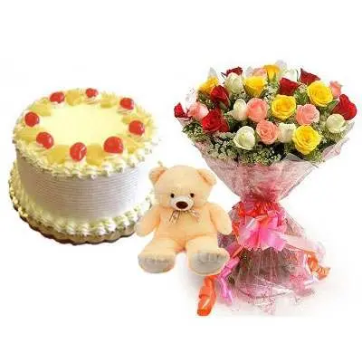 Pineapple Cake with Mix Roses and Teddy