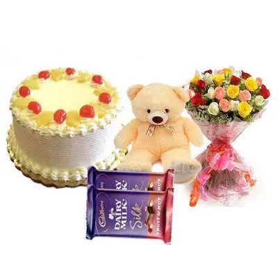 Pineapple Cake with Mix Roses, Teddy Bear & Dairy Milk