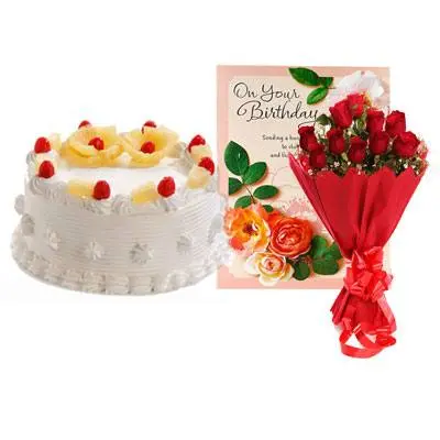 Pineapple Cake with Red Rose & Greeting