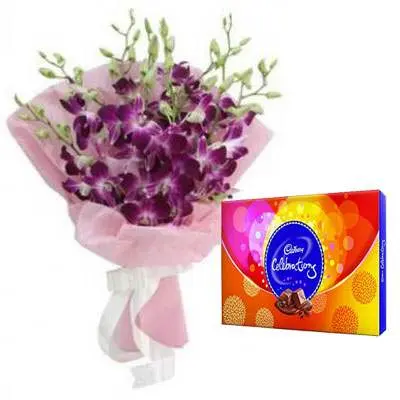 Purple Orchid Bouquet with Celebration