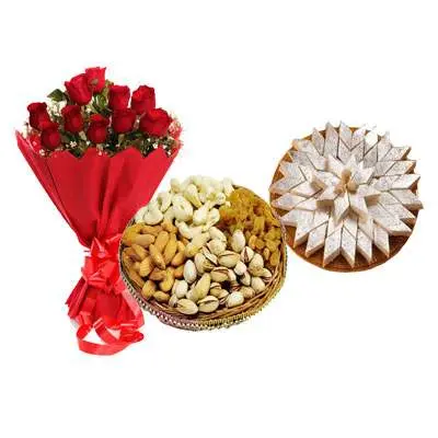 Red Roses with Kaju Katli & Mix Dry Fruits