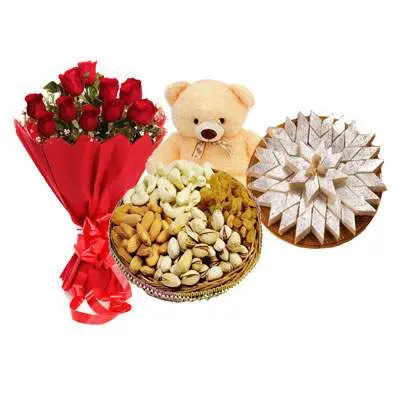 Red Roses, Kaju Katli, Teddy & Dry Fruits