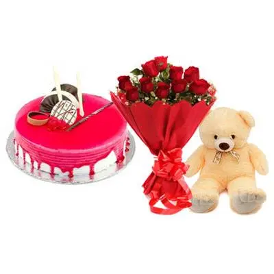 Strawberry Cake with Red Rose & Teddy