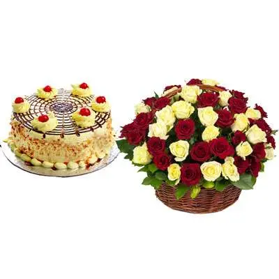 Butterscotch Cake With Red & White Roses Basket