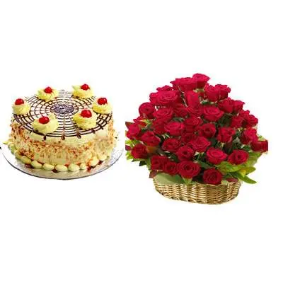 Butterscotch Cake With Red Roses Basket