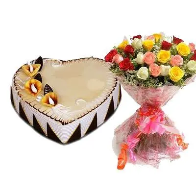 Heart Shape Butter Scotch Cake with Mixed Roses