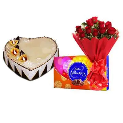 Heart Shape Butterscotch Cake with Roses & Celebration